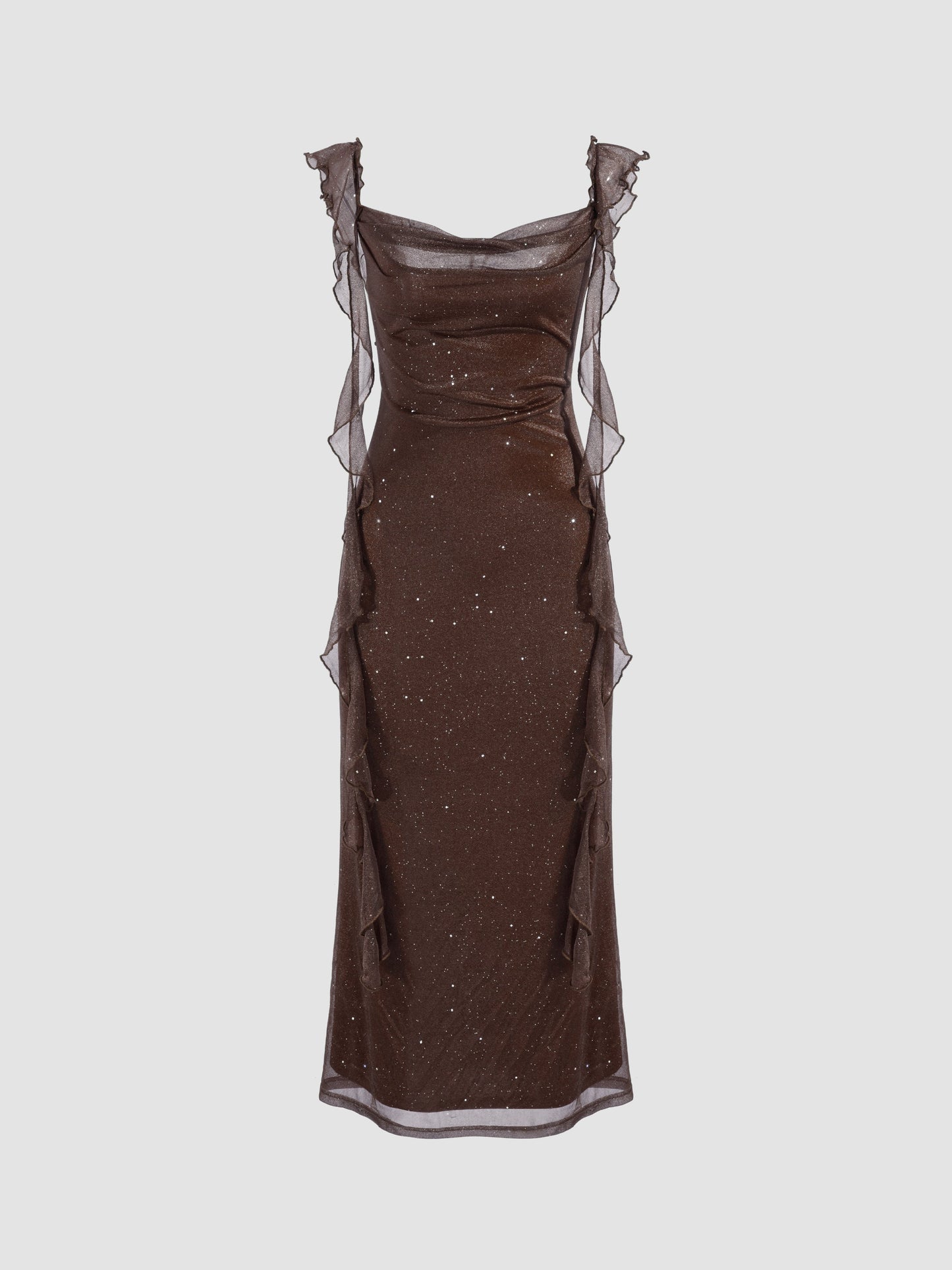 Cowl Neck Sequin Ruffle Maxi Dress Navy Blue Evening Dress cg25206