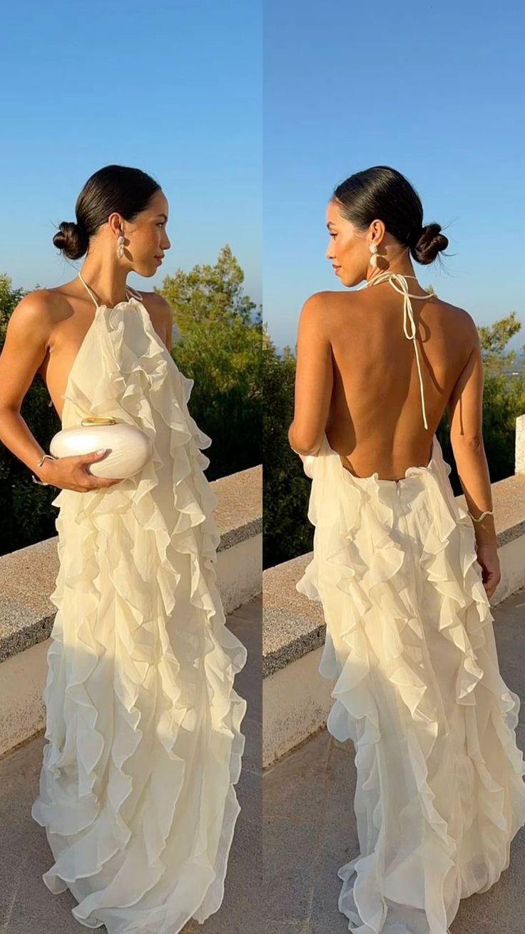 Halter Sleeveless Long Prom Dress Ruffle Backless Evening Gown cg25307
