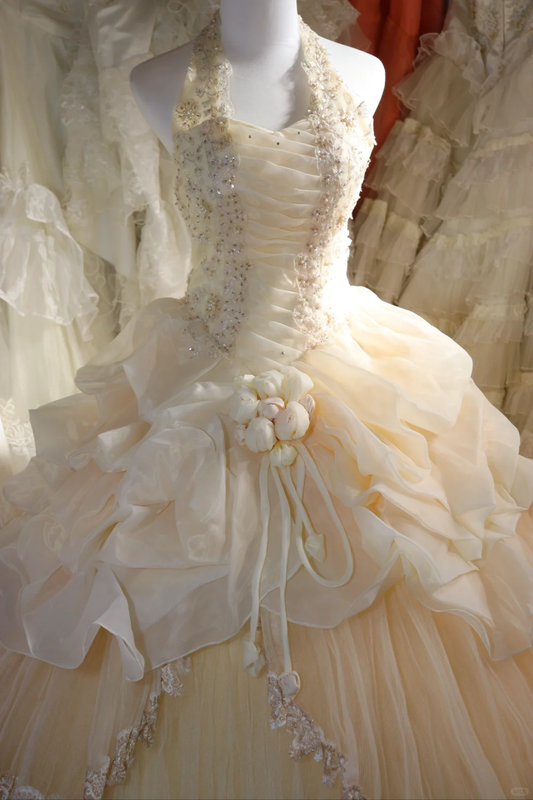 A Line Halter Vintage Long Wedding Dresses Princess Bridal Gown S6884