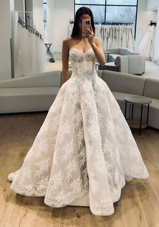 A Line Strapless Lace Long Wedding Dresses Bridal Gown fg7070