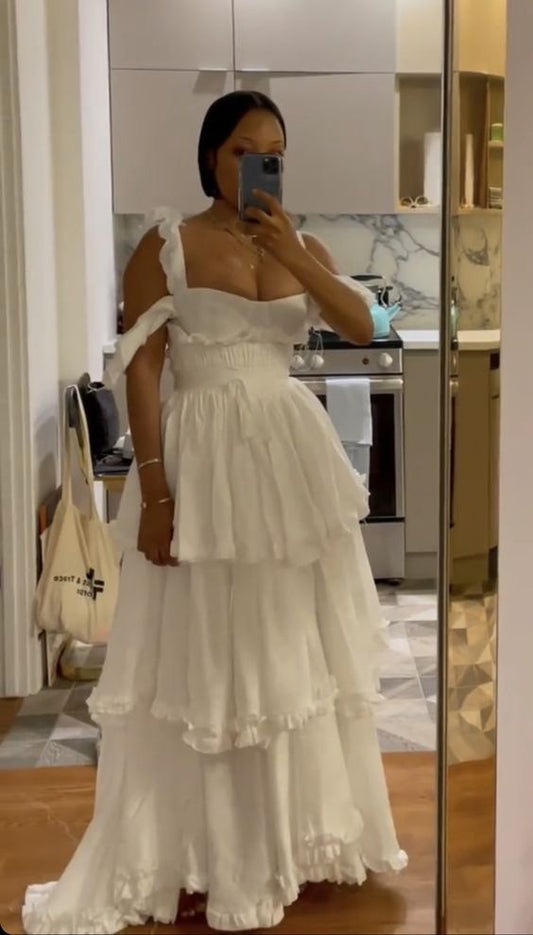 Sexy A line Straps Ruffles Floor Length Chiffon White Prom Dress fg7016
