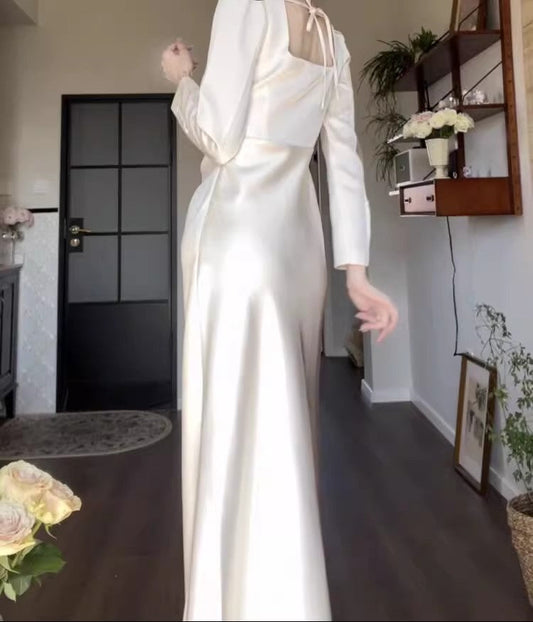White prom dress long-sleeved engagement dress satin birthday dress S5936