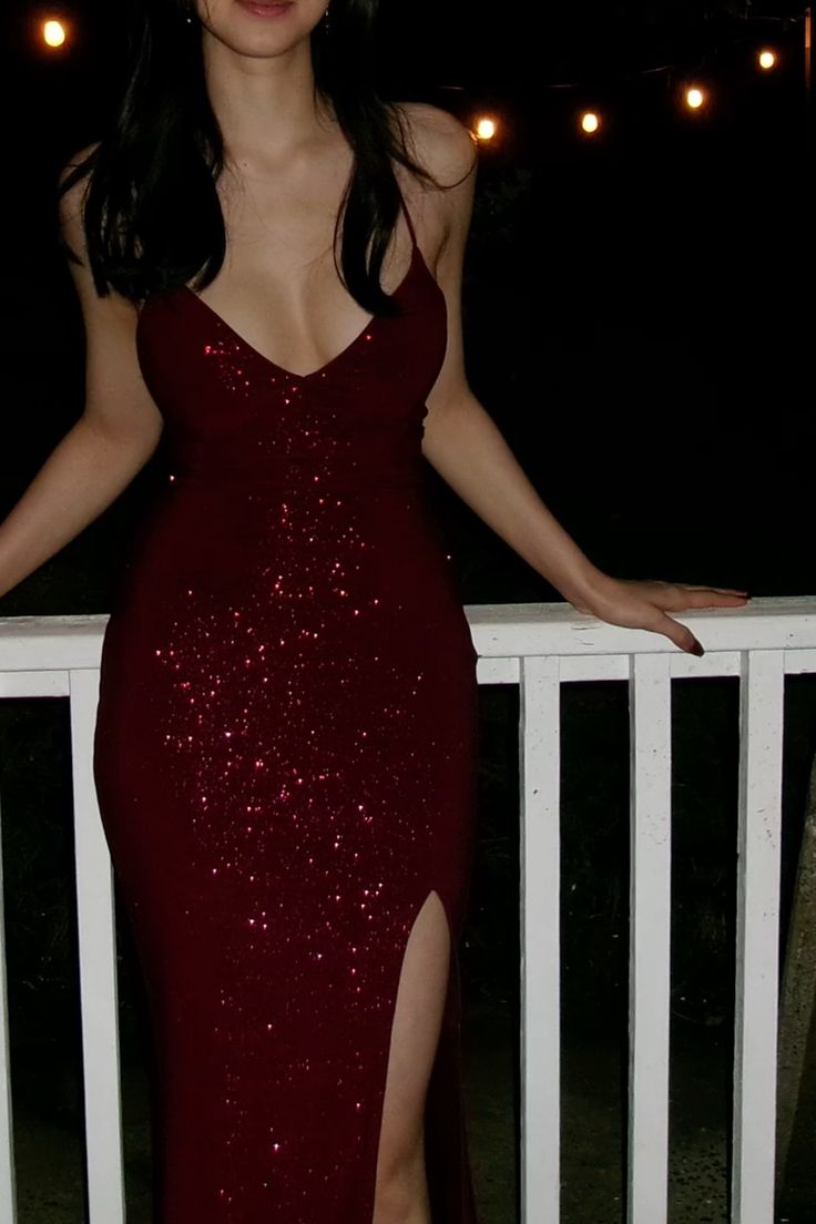 Burgundy Sequin Sexy Spaghetti Straps Long Evening Dress Party Prom Dress cg25248