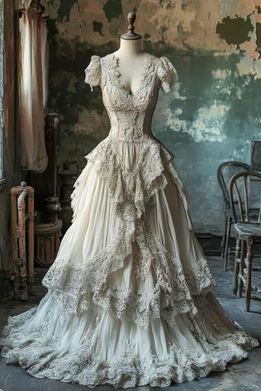 A Line Ivory Lace V Neck Wedding Dress Long Bridal Gown fg7230