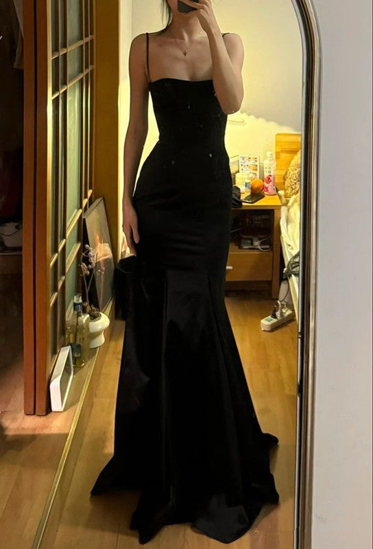 Spaghetti Straps Black Sexy Long Prom Dresses cg25149