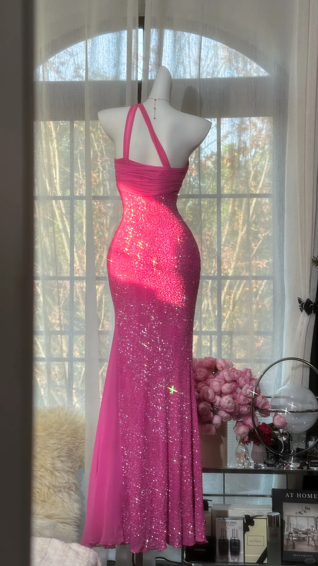 Pink Vintage Sheath One Shoulder Beaded Chiffon Prom Dress SH5178