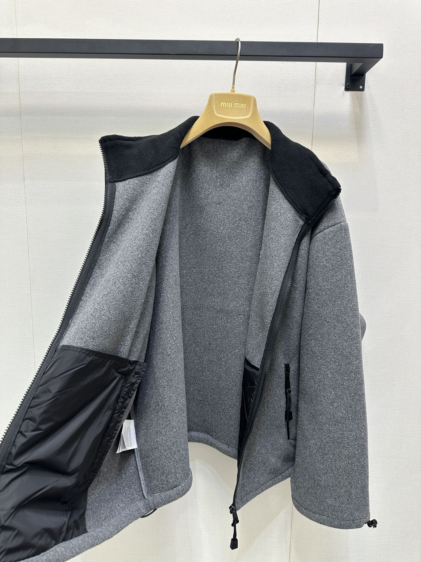 Miu Embroidered Fleece Hooded Zip-Up Jacket Dark Grey Cashmere 346110
