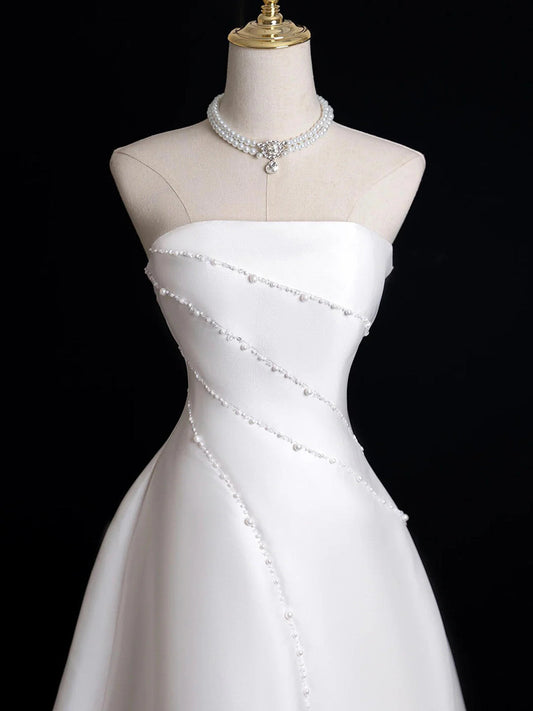White Satin Beaded Strapless Long Party Dress, White Simpe Wedding Party Dresses