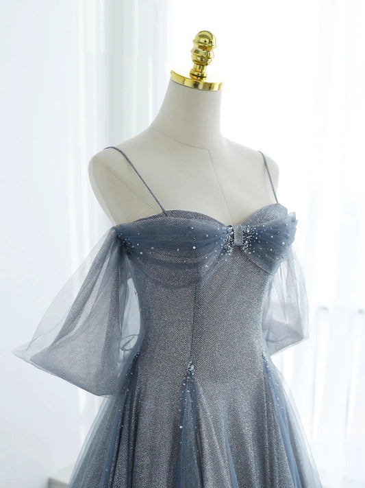 Glitter Blue Tulle A-Line Evening Dress, Blue Off Shoulder Prom Dress with Puff Sleeves