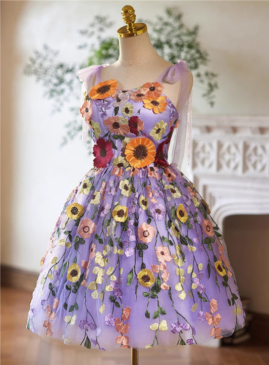 Cute Light Purple Lace Flowers Short Homecoming Dress, Purple Short Party Dress