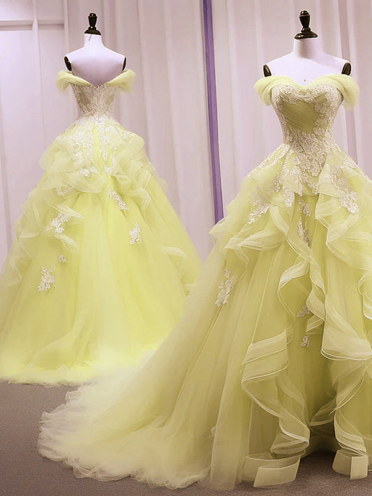 Yellow Tulle with Lace Sweetheart Long Formal Dress, Yellow Tulle Prom Dress