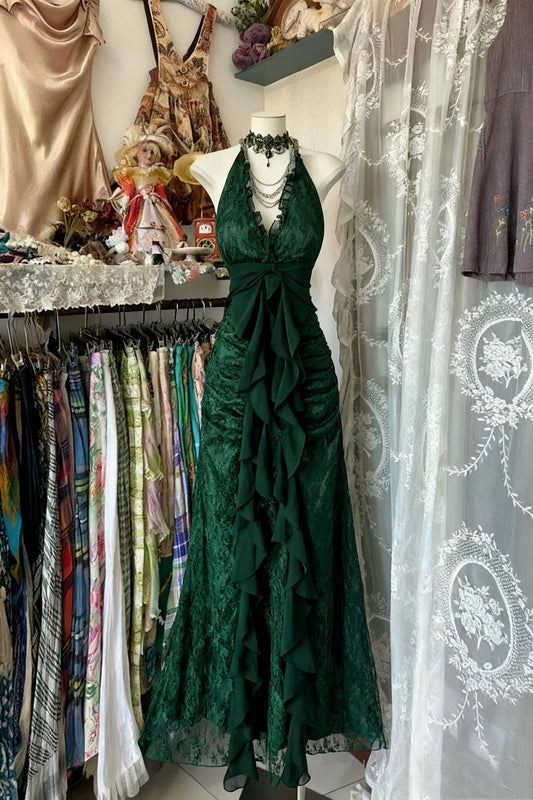Classical Lace Halter Vintage Style Prom Dress, Lace Floor Length Formal Gown