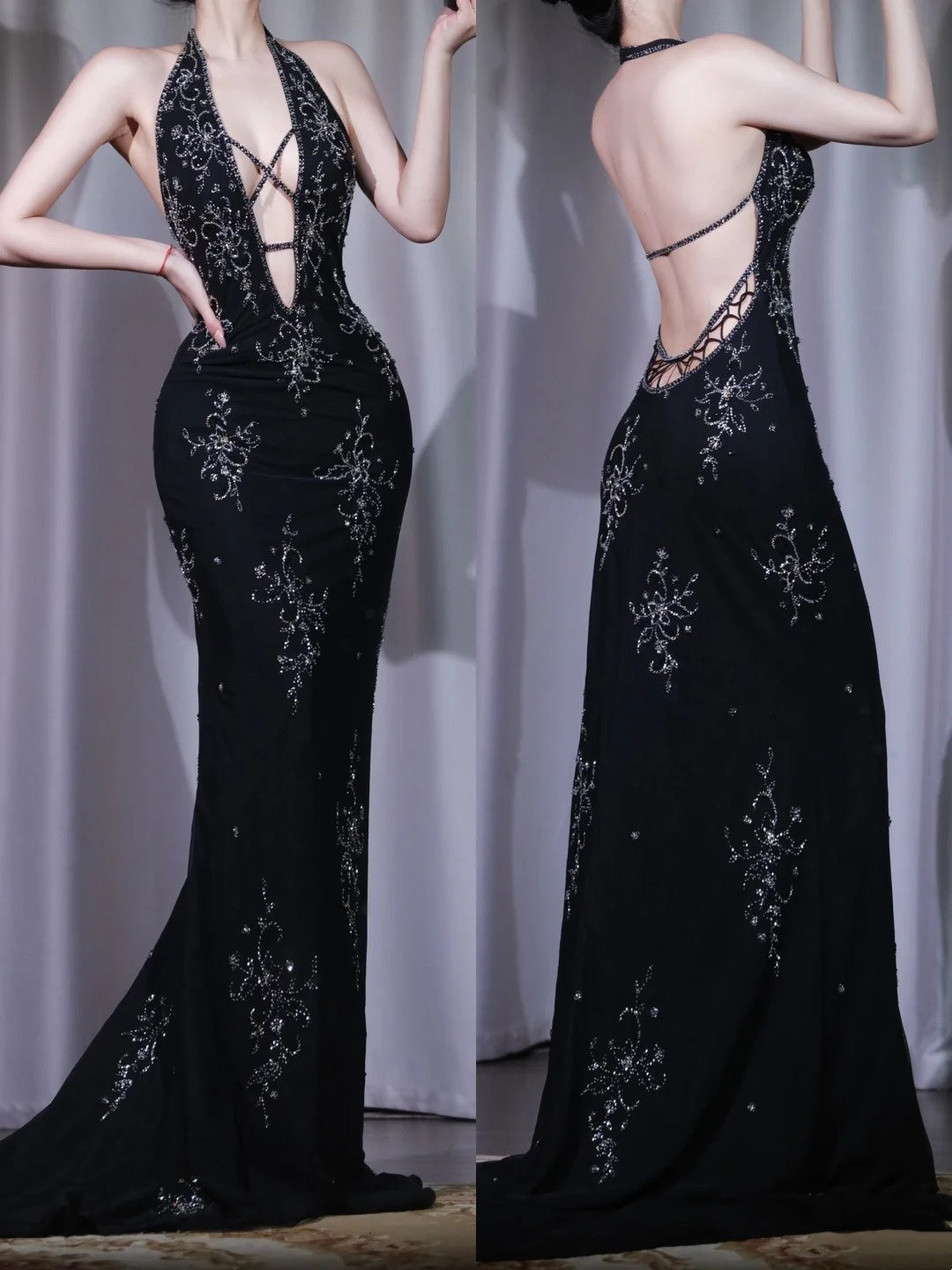 formaldressy-Retro fashion black sexy backless V-neck floral bead long and ground trailing evening gown Prom gown gh5910
