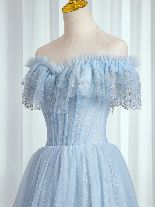 Blue Lace Sweetheart Beaded Off Shoulder Prom Dress, A-Line Blue Evening Dress fg4447
