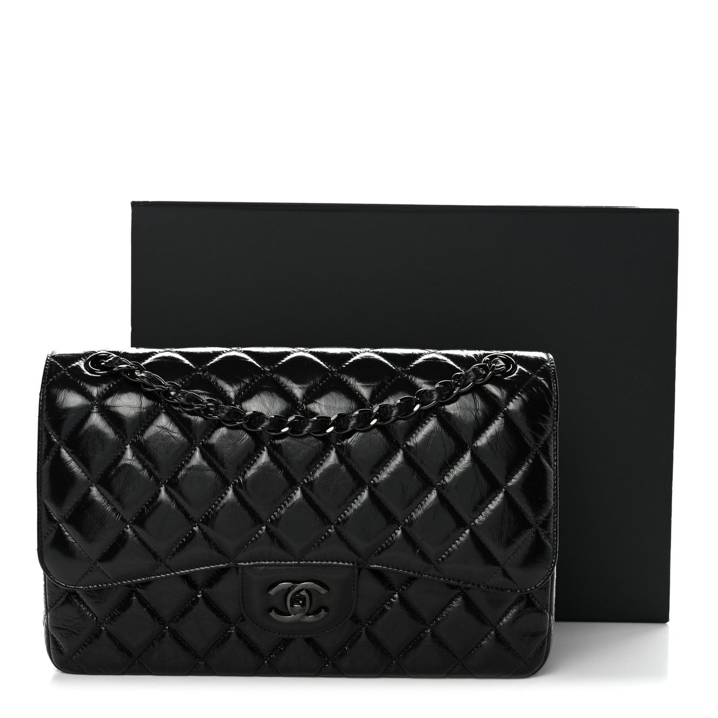 Shiny Distressed Calfskin Quilted Jumbo Double Flap So Black