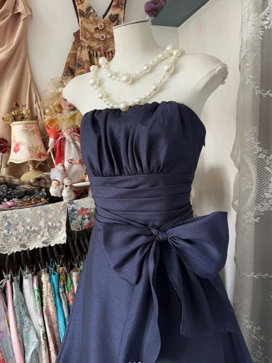 Navy Blue Strapless A-line Long Prom Dress, Long Taffeta Formal Dress with Bow