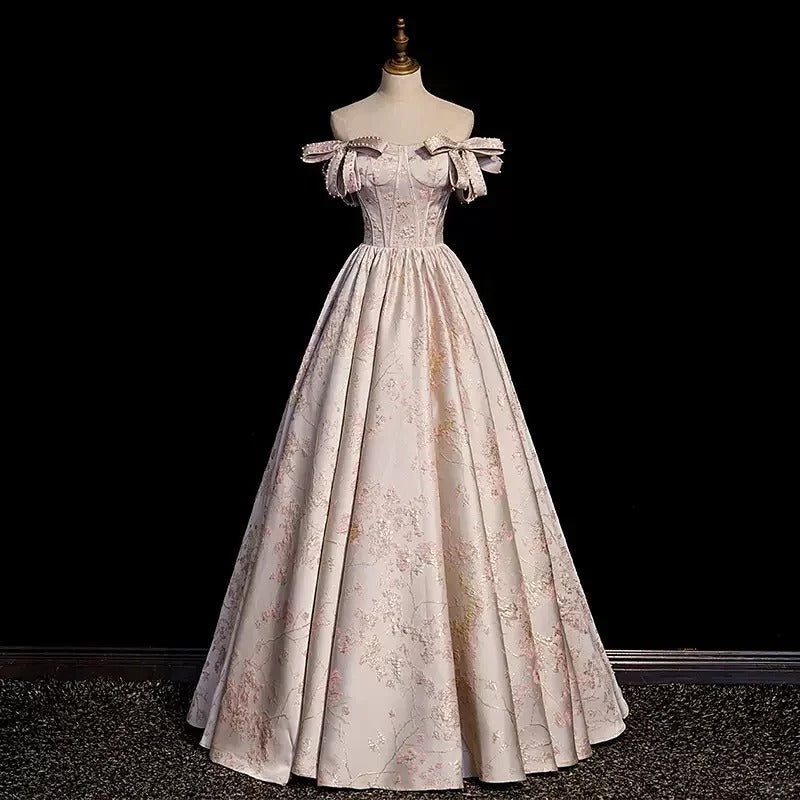 formaldressy-Pink floral beaded long satin and floor formal ball gown with tie up dress gh5313