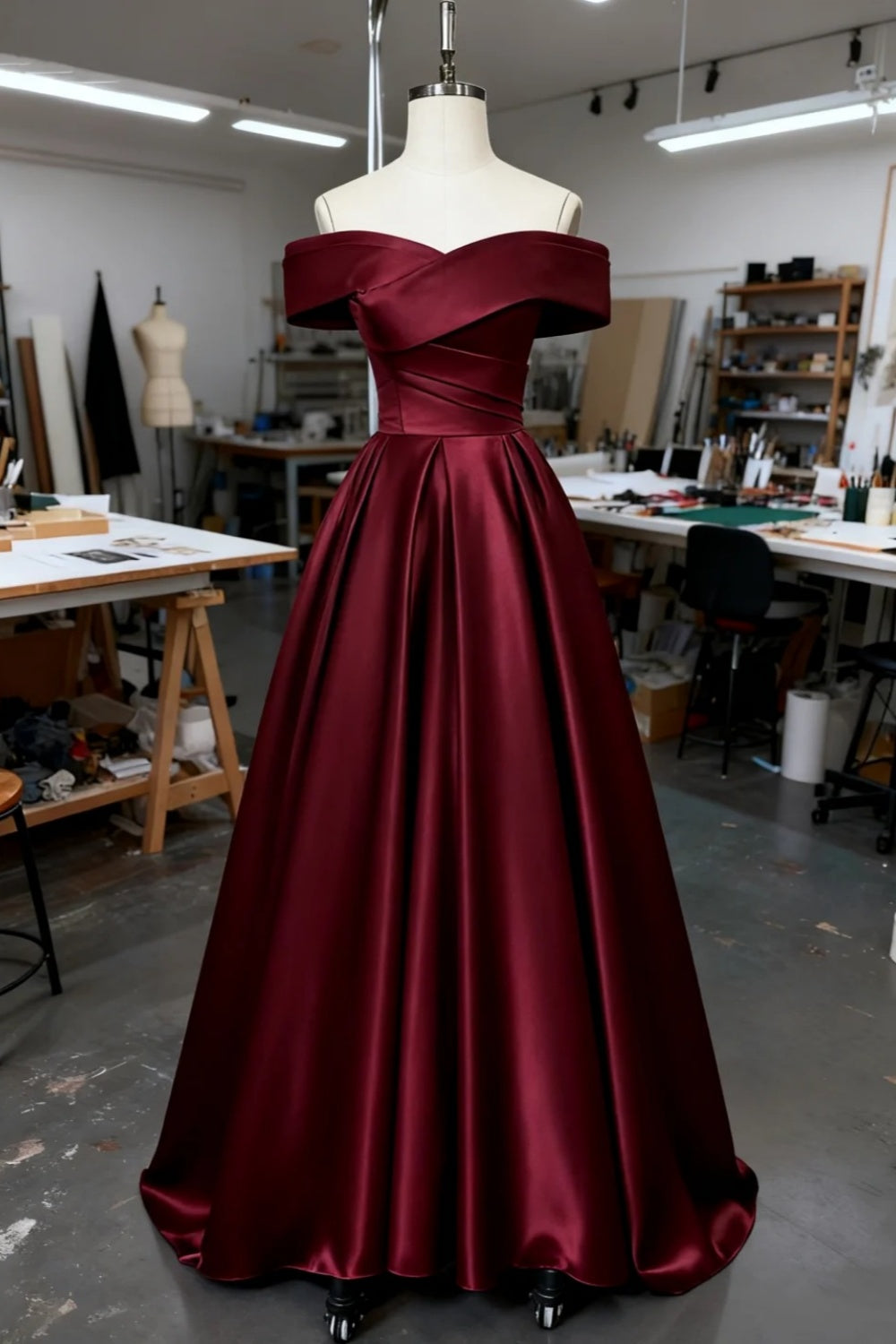 formaldressy-Burgundy off-shoulder satin long dress gh6161