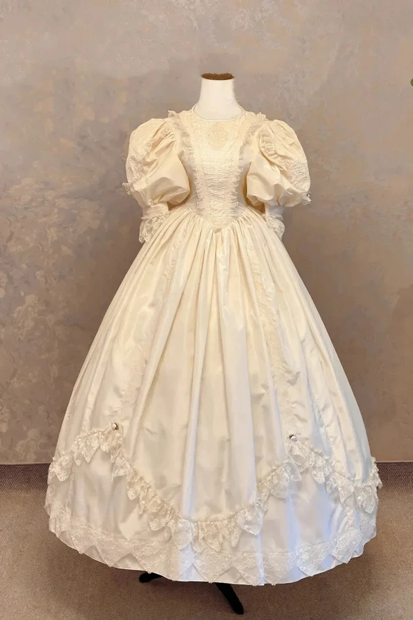 formaldressy-Wedding Dress Cream Satin Puff-Sleeve Lace-Embellished Floor-Length Victorian-Style Gown gh6369