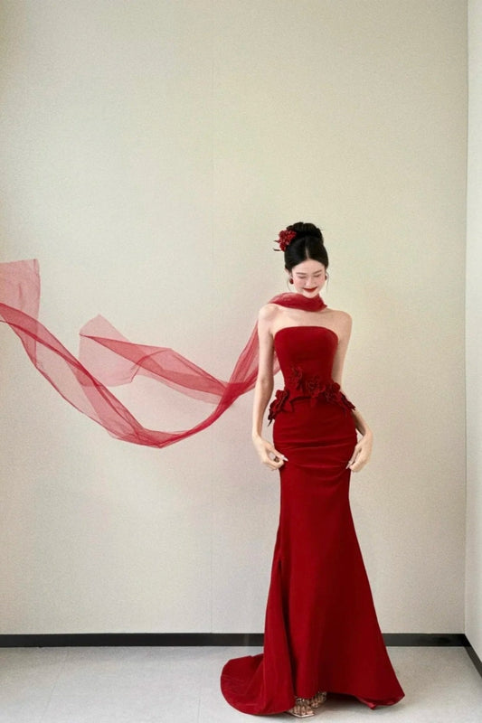 formaldressy-Red Floral Bodycon Satin Floor-Length Ball Gown Prom Dressgh5960