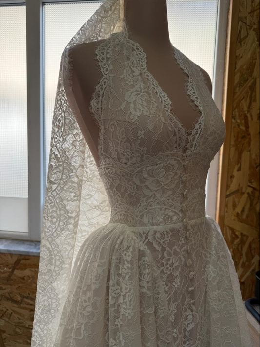 A Line V Neck Lace Wedding Dress Princess Bridal Gown S6975