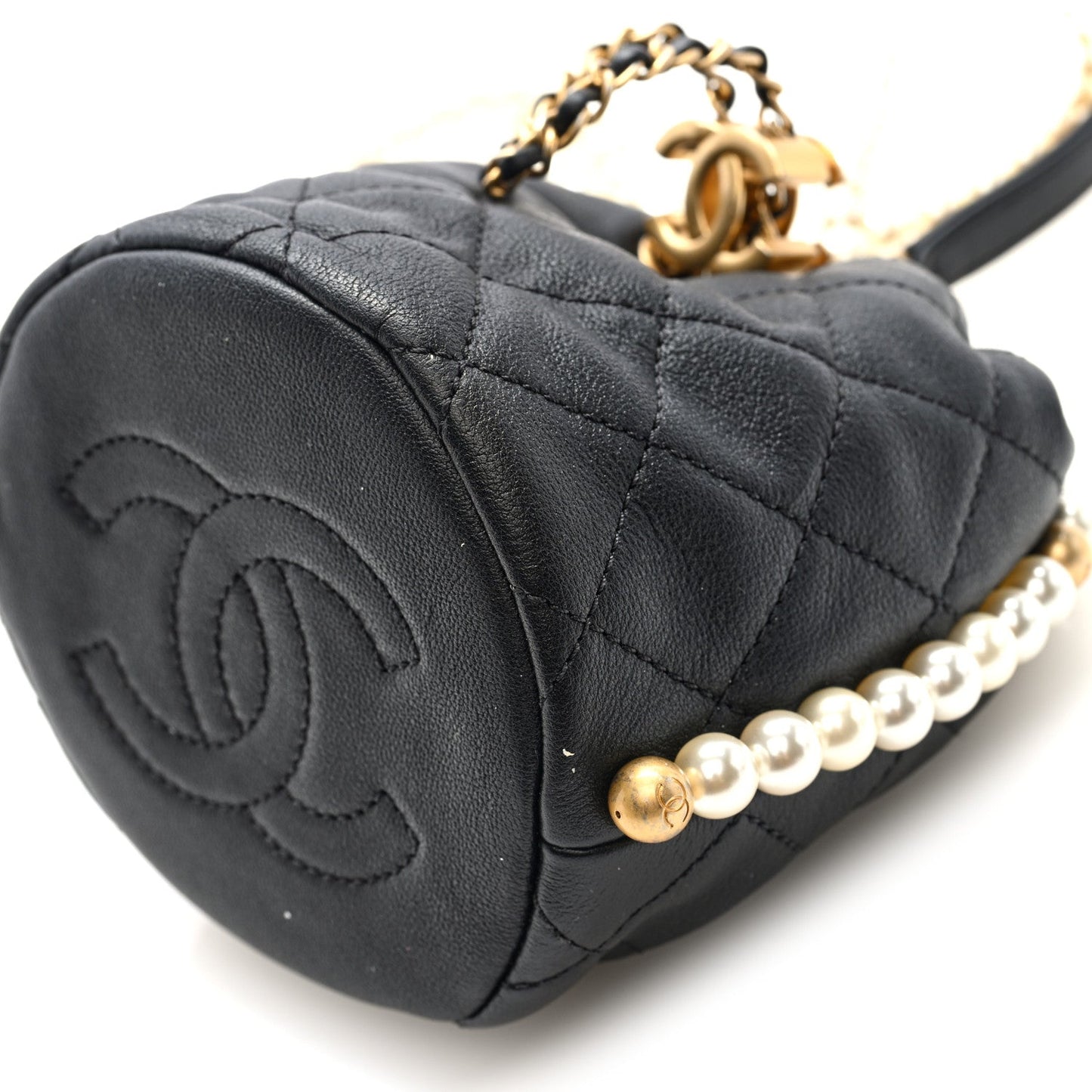 Calfskin Quilted Pearl Mini About Pearls Drawstring Bucket Bag Black