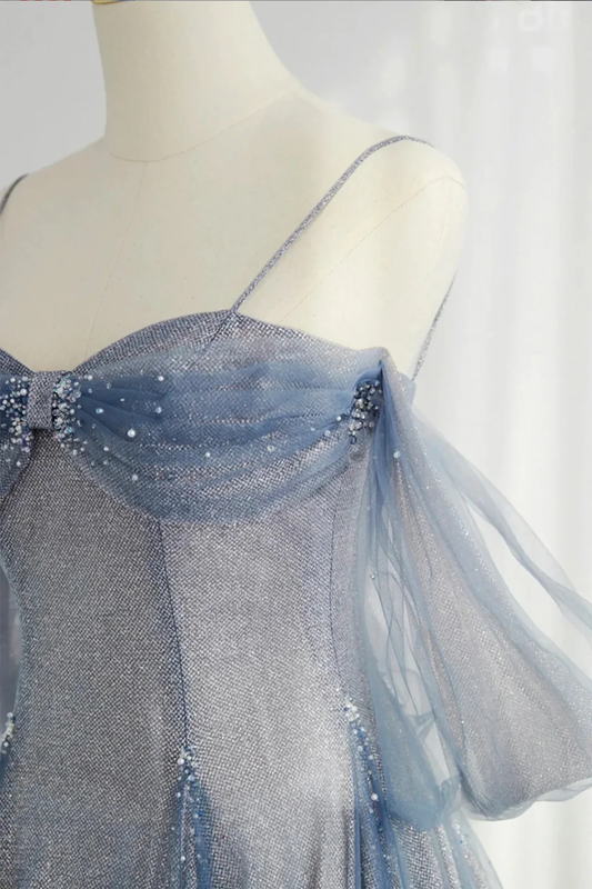 Glitter Blue Tulle A-Line Evening Dress, Blue Off Shoulder Prom Dress with Puff Sleeves fg8738