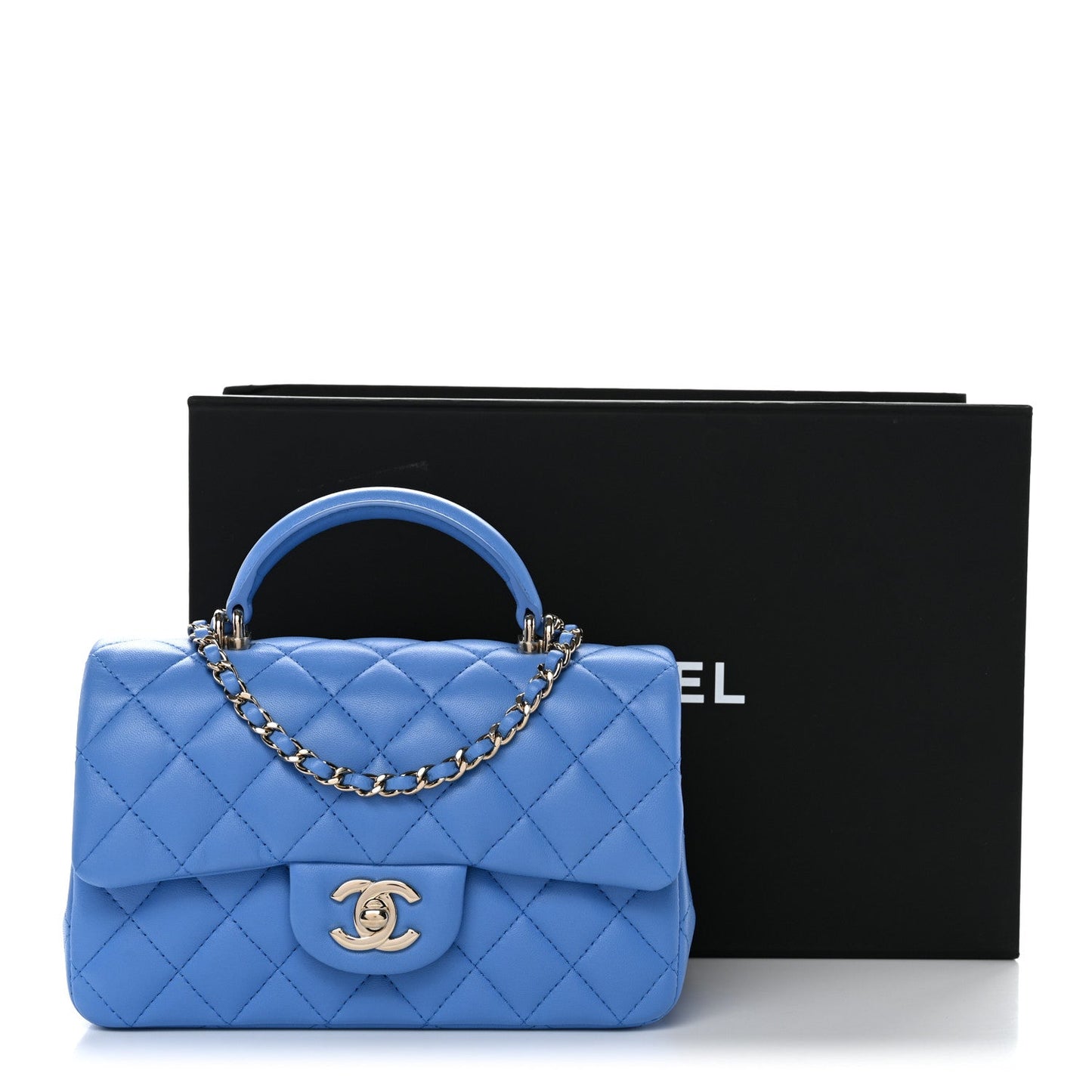 Lambskin Quilted Mini Top Handle Rectangular Flap Blue