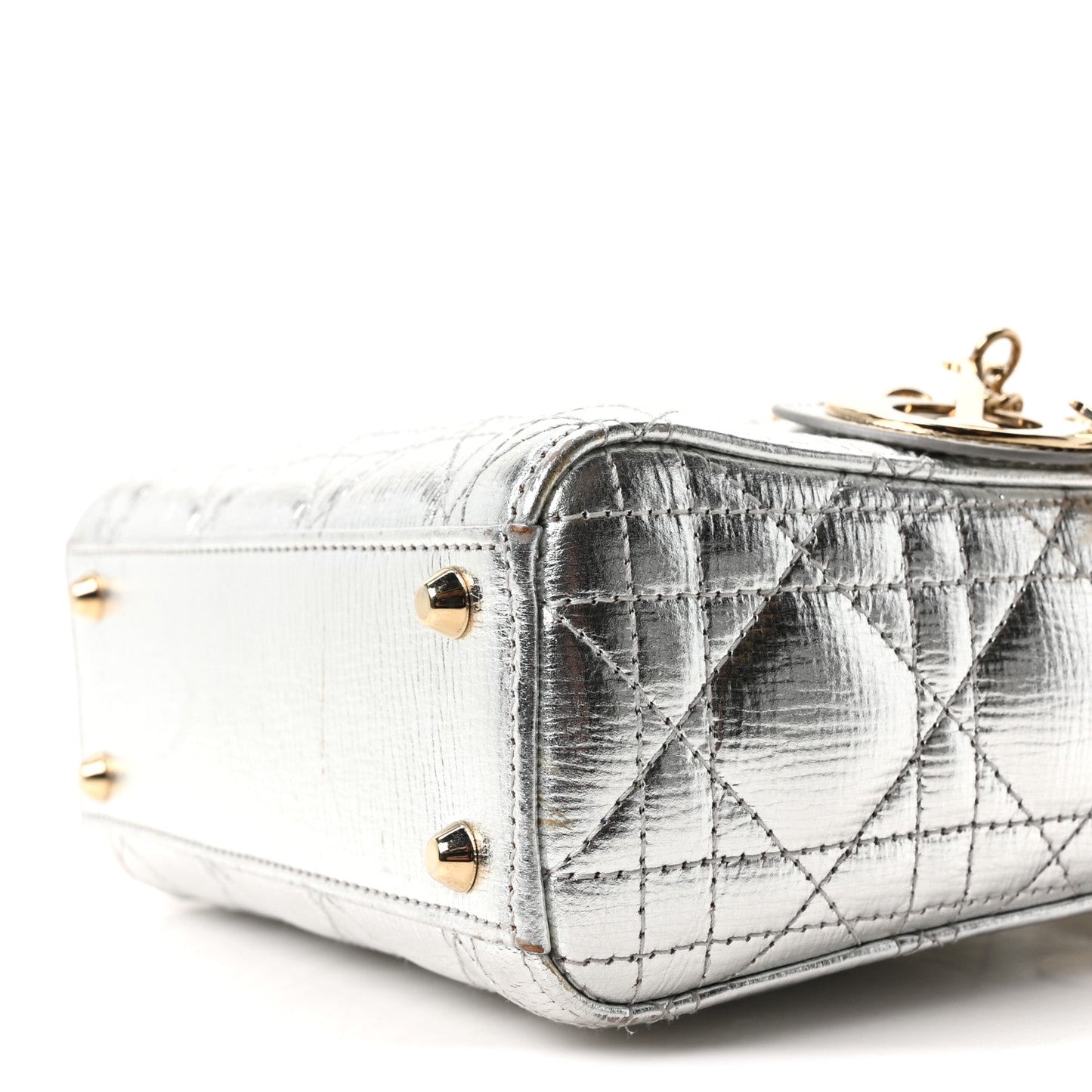 Metallic Grained Calfskin Cannage Mini Lady Dior Silver