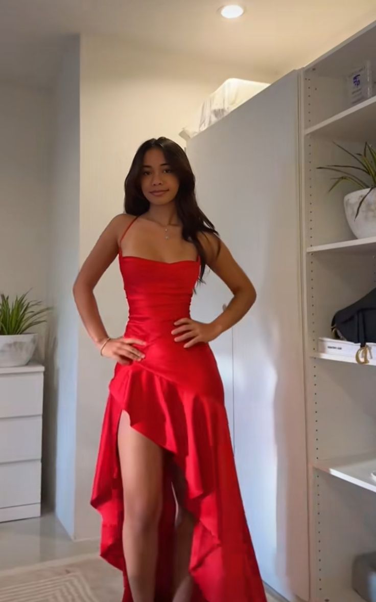 Red Satin Evening Dress Long Prom Party Dress cg25630