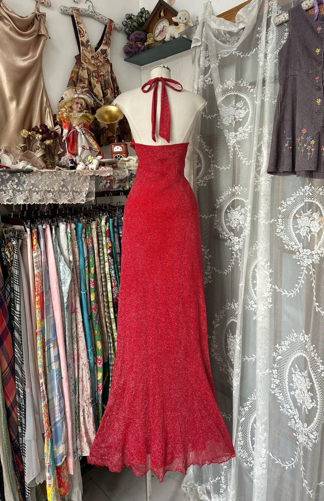 Red Halter Mermaid Vintage Evening Dresses, Sleeveless Party Gowns cg25494