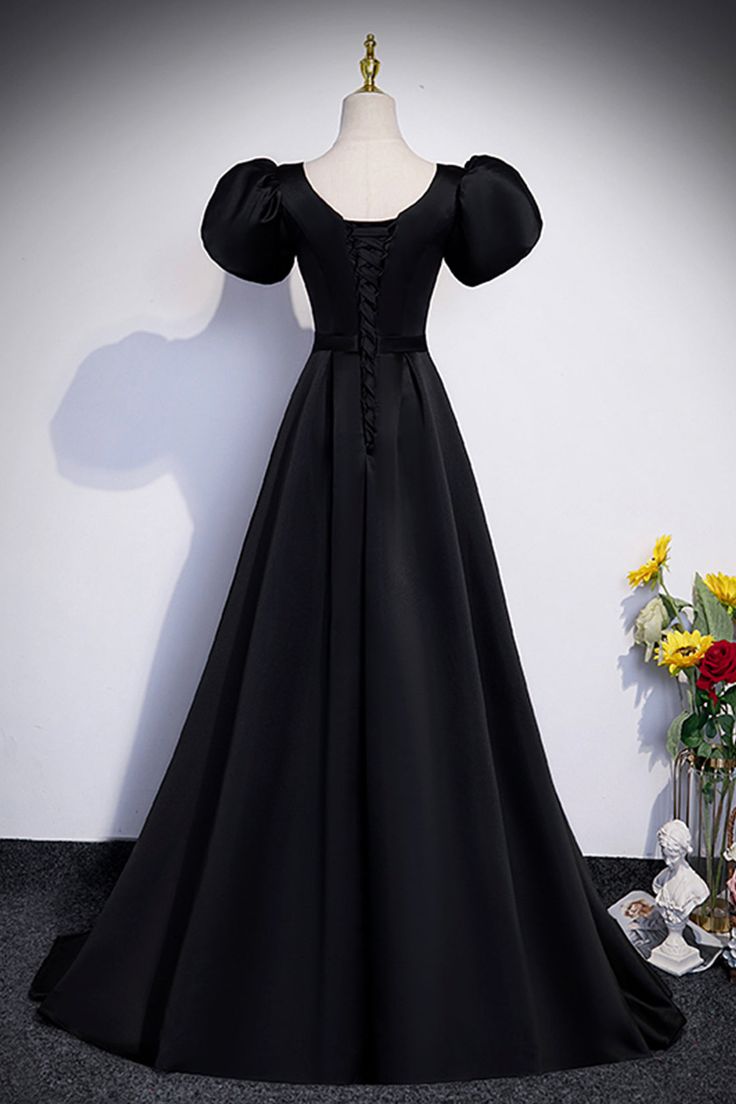 Black Satin Floor Length Prom Dress, Simple Black Short Sleeve Evening Dress cg25039