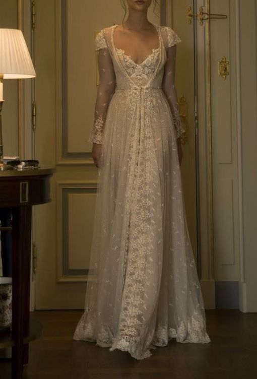 A Line White Tulle Lace Long Sleeves Sexy Wedding Dress S6946
