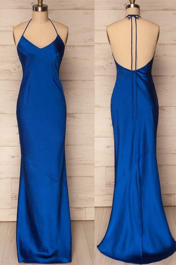 Mermaid Halter Royal Blue Satin Long Prom Gown cg25094