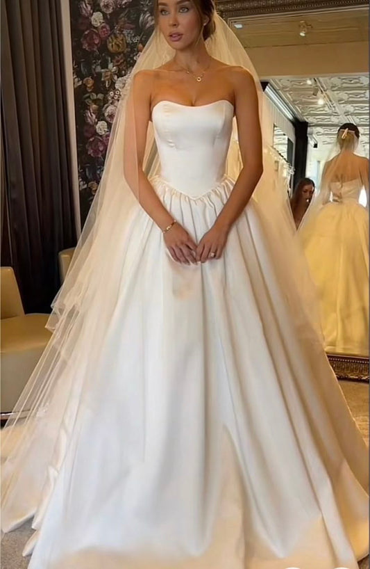 A Line White Strapless Wedding Dresses Long Bridal Gown S7227