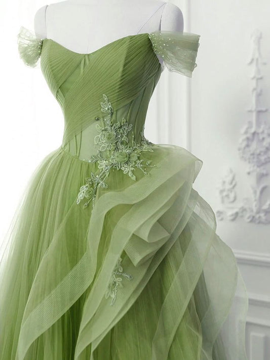 Green A-Line Long Prom Dress, Green Lace Long Evening Dress cg25028