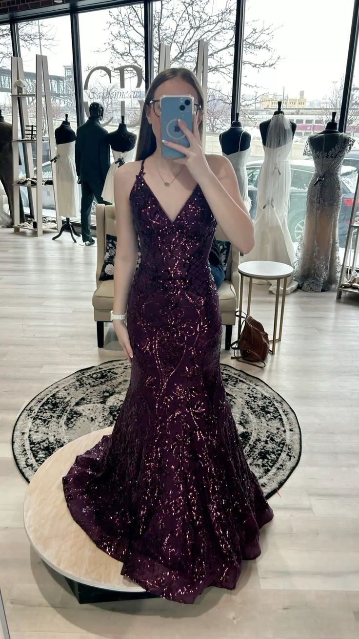 Purple Shiny Sequin Evening Dresses, Sleeveless Mermaid Long Prom Party Gowns cg25579