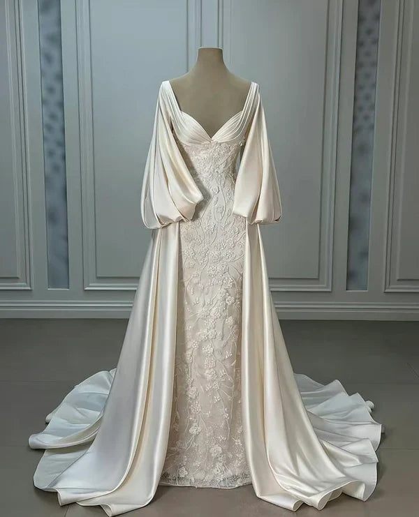 formaldressy-Ivory white long-sleeved satin long floor-length wedding dress prom dress gh5390