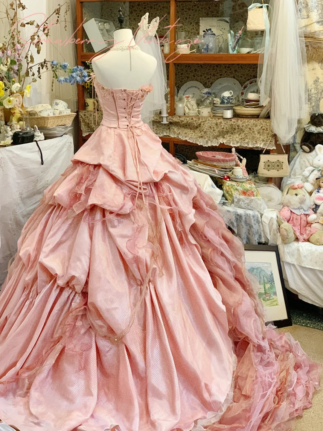 A Line Pink Tulle Ball Gown Quinceanera Dress Unique Long Evening Dress cg25486