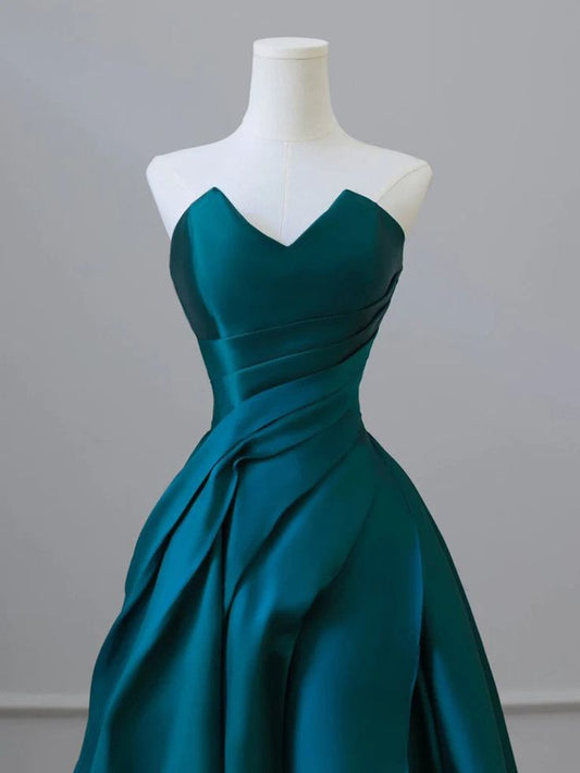 A-Line Strapless Satin Peacock Blue Long Prom Dress, Simple Peacock Blue Evening Dress cg25016