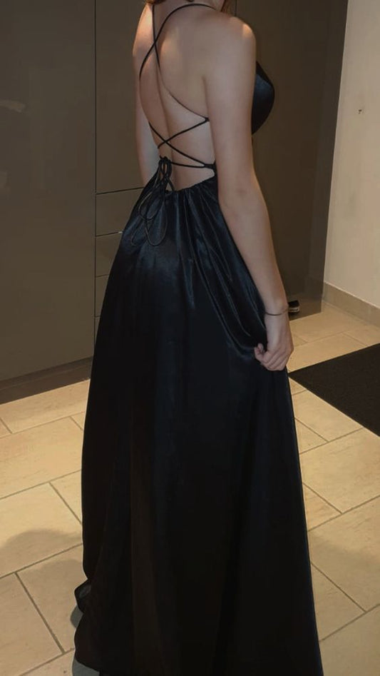 Sexy A Line Straps Floor Length Black Slit Prom Dresses cg25012