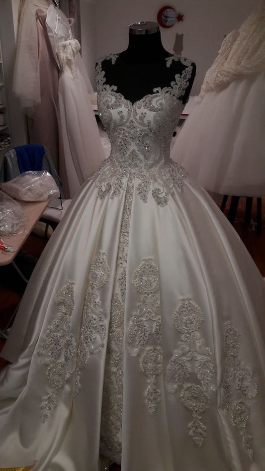 A Line Bride Dress Custom Made Lace Satin Wedding Dress fg6084