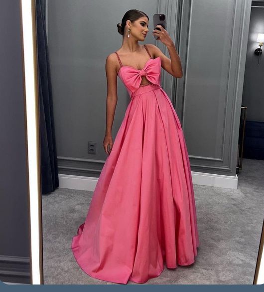 Elegant Satin Spaghetti Strap Floor-Length Party Dress with Bows Evening Dress cg25170