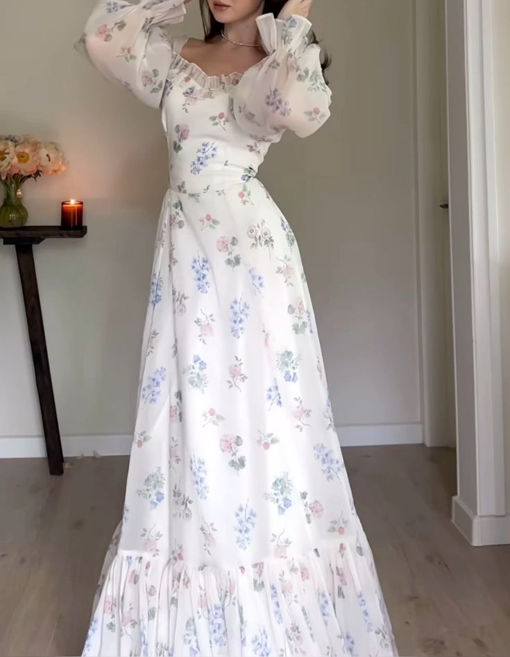 Elegant Flowers Print Ruffle Long Sleeve Prom Dresses cg25150