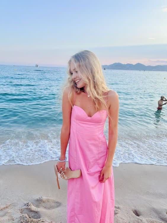 Simple A line Straps Long Pink Prom Dress Party Dresses cg25077