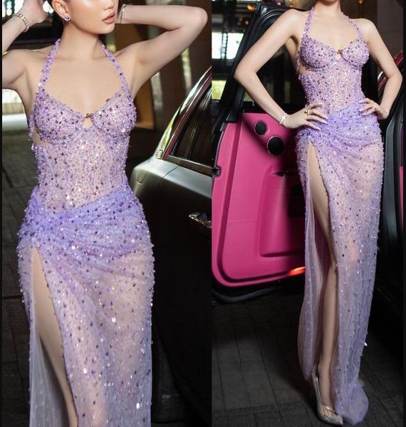 Lilac Sequin Formal Dress Evening Dress With Slit cg25435