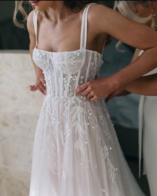 A Line Straps Tulle Long Wedding Dress Princess Bridal Gown fg7433
