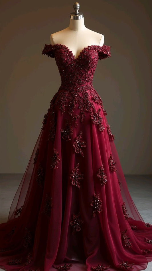 A Line Burgundy Tulle Lace Long Off Shoulder Prom Dress Evening Dresses fg7658