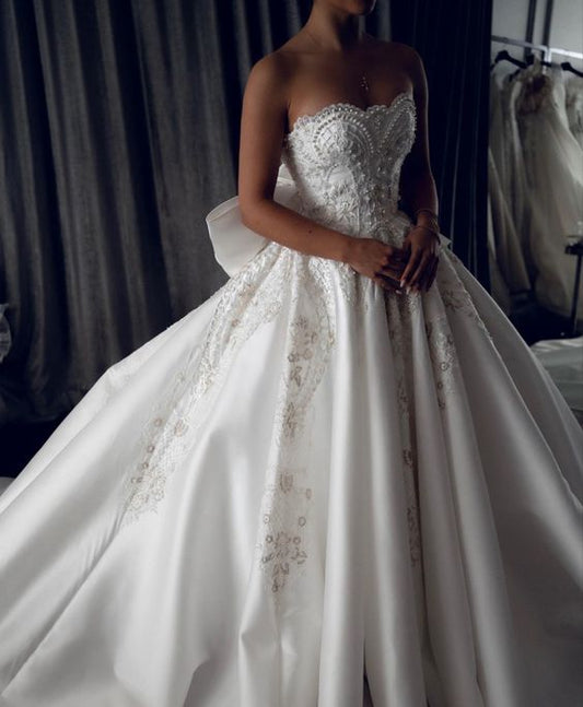 A-line Unique Strapless Satin Vintage Long Wedding Dresses fg5986