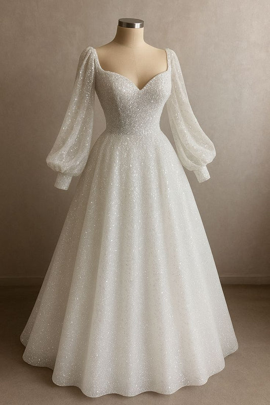 A Line Long Sleeves Shiny Long Bridal Gown Wedding Dress fg7835